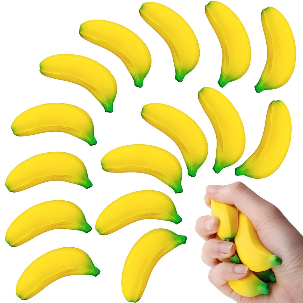 SALACOOL 15 Pack Banana Stress Toys - Stretchy PU Squeeze Balls for Stress Relief, Party Favors, Classroom Rewards (2.36 Inch)