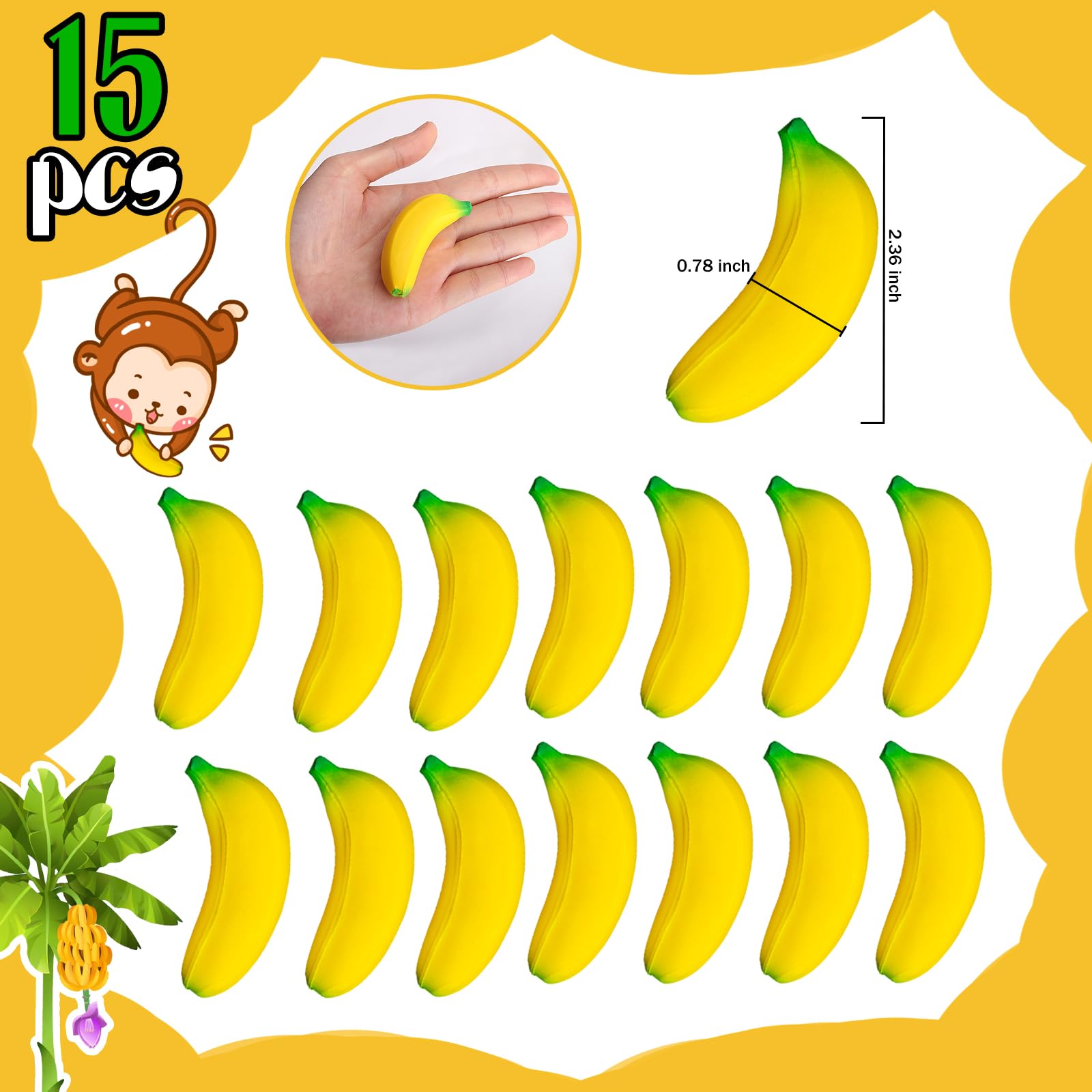 SALACOOL 15 Pack Banana Stress Toys - Stretchy PU Squeeze Balls for Stress Relief, Party Favors, Classroom Rewards (2.36 Inch)