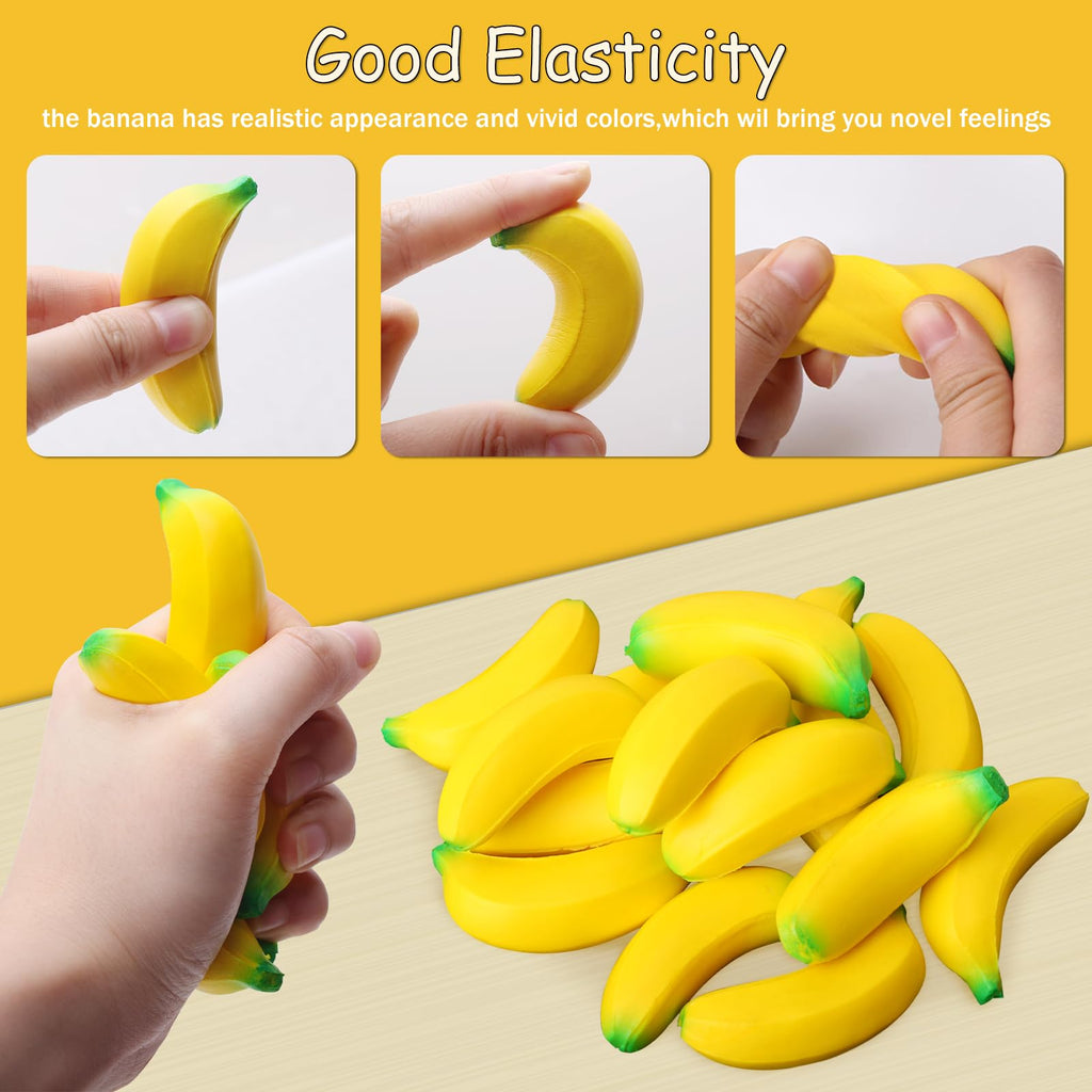 SALACOOL 15 Pack Banana Stress Toys - Stretchy PU Squeeze Balls for Stress Relief, Party Favors, Classroom Rewards (2.36 Inch)
