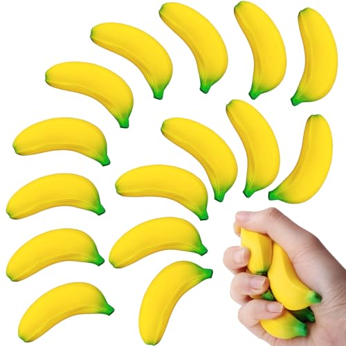 SALACOOL 15 Pack Banana Stress Toys - Stretchy PU Squeeze Balls for Stress Relief, Party Favors, Classroom Rewards (2.36 Inch)