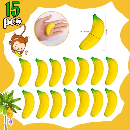 SALACOOL 15 Pack Banana Stress Toys - Stretchy PU Squeeze Balls for Stress Relief, Party Favors, Classroom Rewards (2.36 Inch)