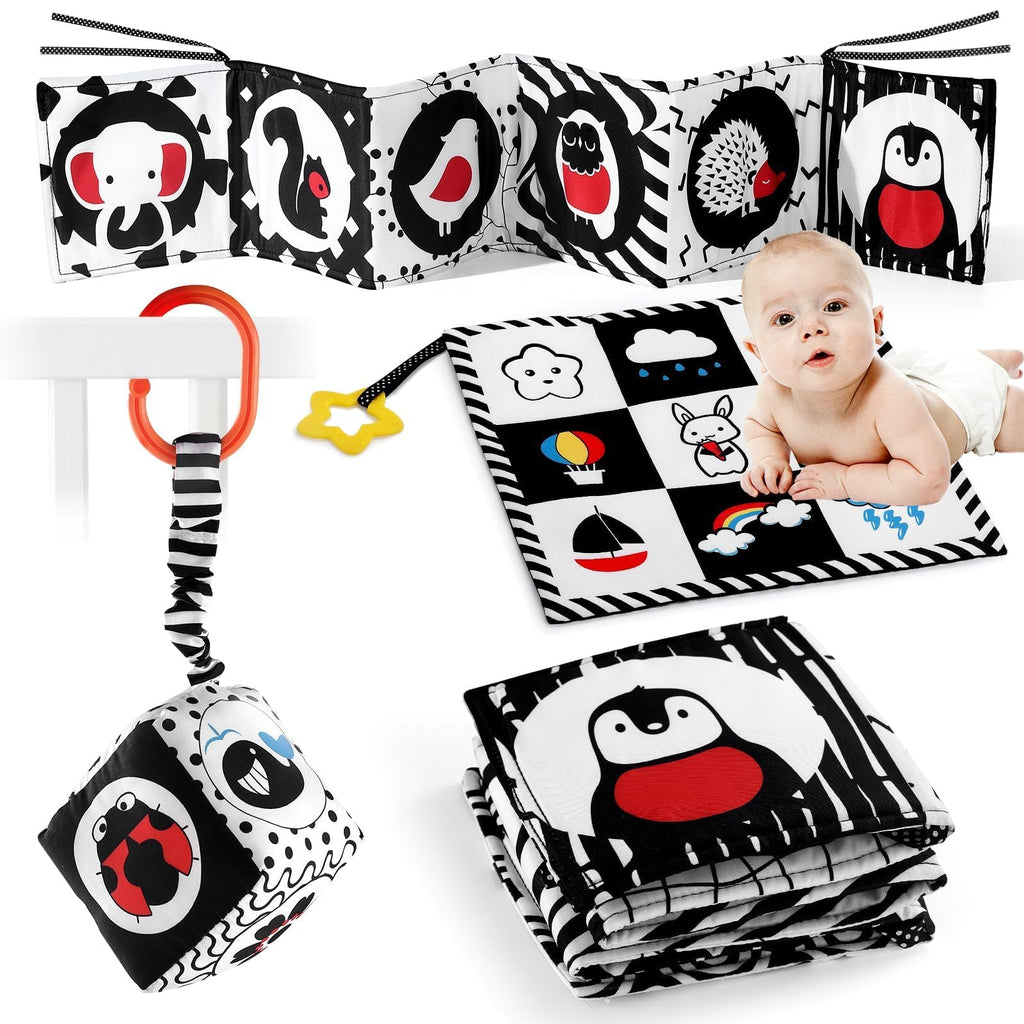 SAMMAS 3-Piece Black and White High Contrast Baby Toys Set - Newborn Sensory Soft Book, Rattle & Teether for 0-6 Months, Montessori Early Learning