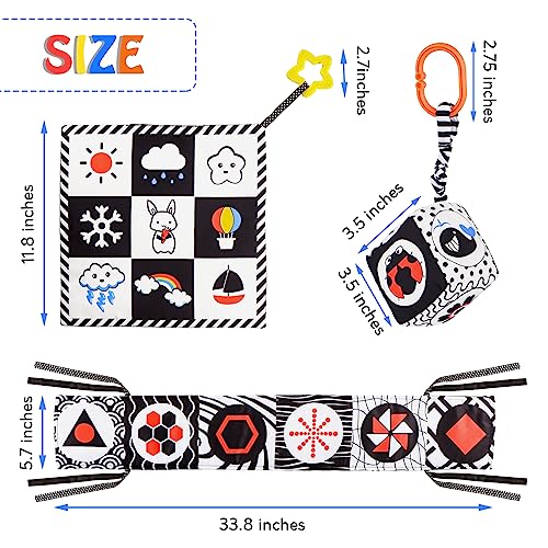 SAMMAS 3-Piece Black and White High Contrast Baby Toys Set - Newborn Sensory Soft Book, Rattle & Teether for 0-6 Months, Montessori Early Learning