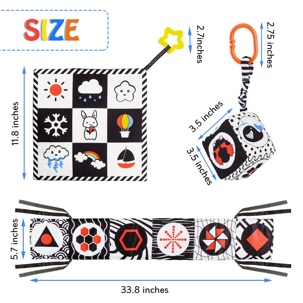SAMMAS 3-Piece Black and White High Contrast Baby Toys Set - Newborn Sensory Soft Book, Rattle & Teether for 0-6 Months, Montessori Early Learning