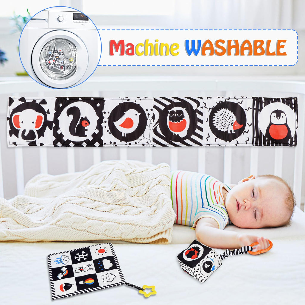 SAMMAS 3-Piece Black and White High Contrast Baby Toys Set - Newborn Sensory Soft Book, Rattle & Teether for 0-6 Months, Montessori Early Learning