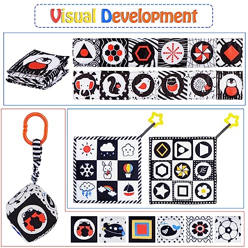 SAMMAS 3-Piece Black and White High Contrast Baby Toys Set - Newborn Sensory Soft Book, Rattle & Teether for 0-6 Months, Montessori Early Learning