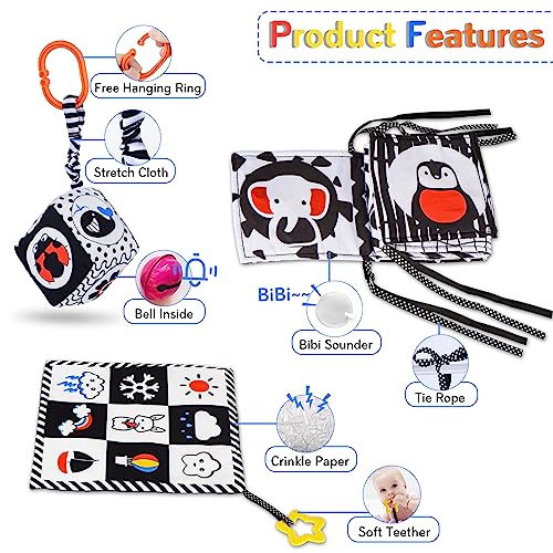 SAMMAS 3-Piece Black and White High Contrast Baby Toys Set - Newborn Sensory Soft Book, Rattle & Teether for 0-6 Months, Montessori Early Learning