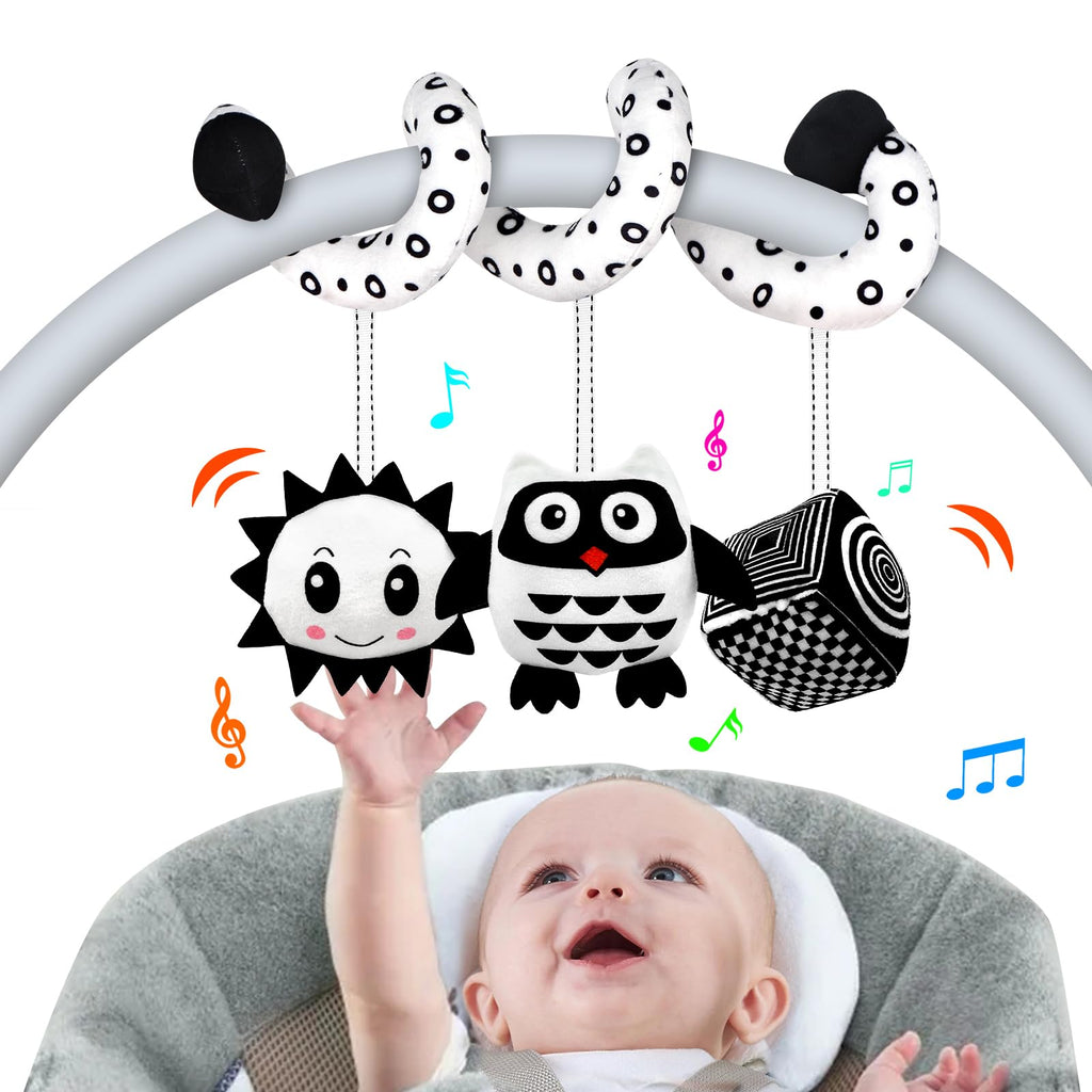 SAMMAS Baby Spiral Stroller Toy for 0-6 Months – Black & White Owl with Rattles and Squeaker