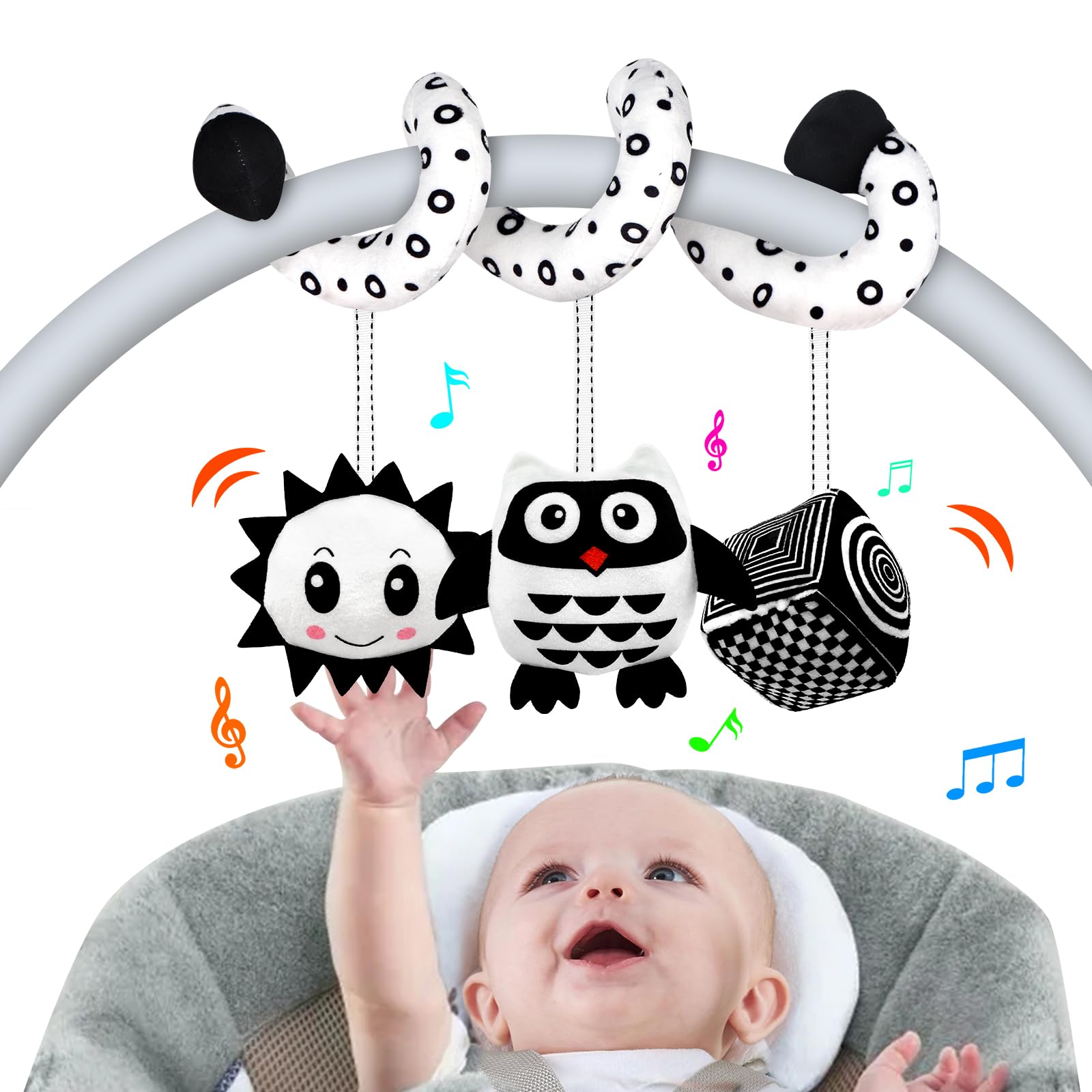 SAMMAS Baby Spiral Stroller Toy for 0-6 Months – Black & White Owl with Rattles and Squeaker