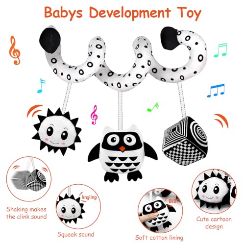 SAMMAS Baby Spiral Stroller Toy for 0-6 Months – Black & White Owl with Rattles and Squeaker