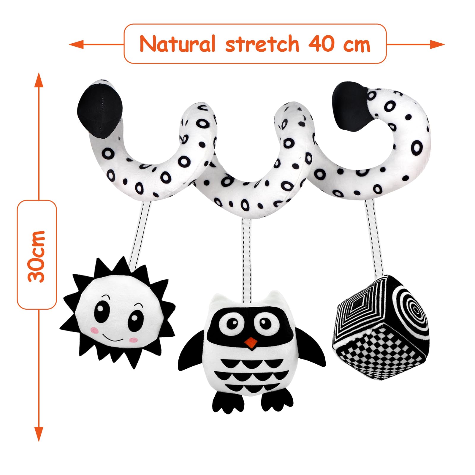 SAMMAS Baby Spiral Stroller Toy for 0-6 Months – Black & White Owl with Rattles and Squeaker