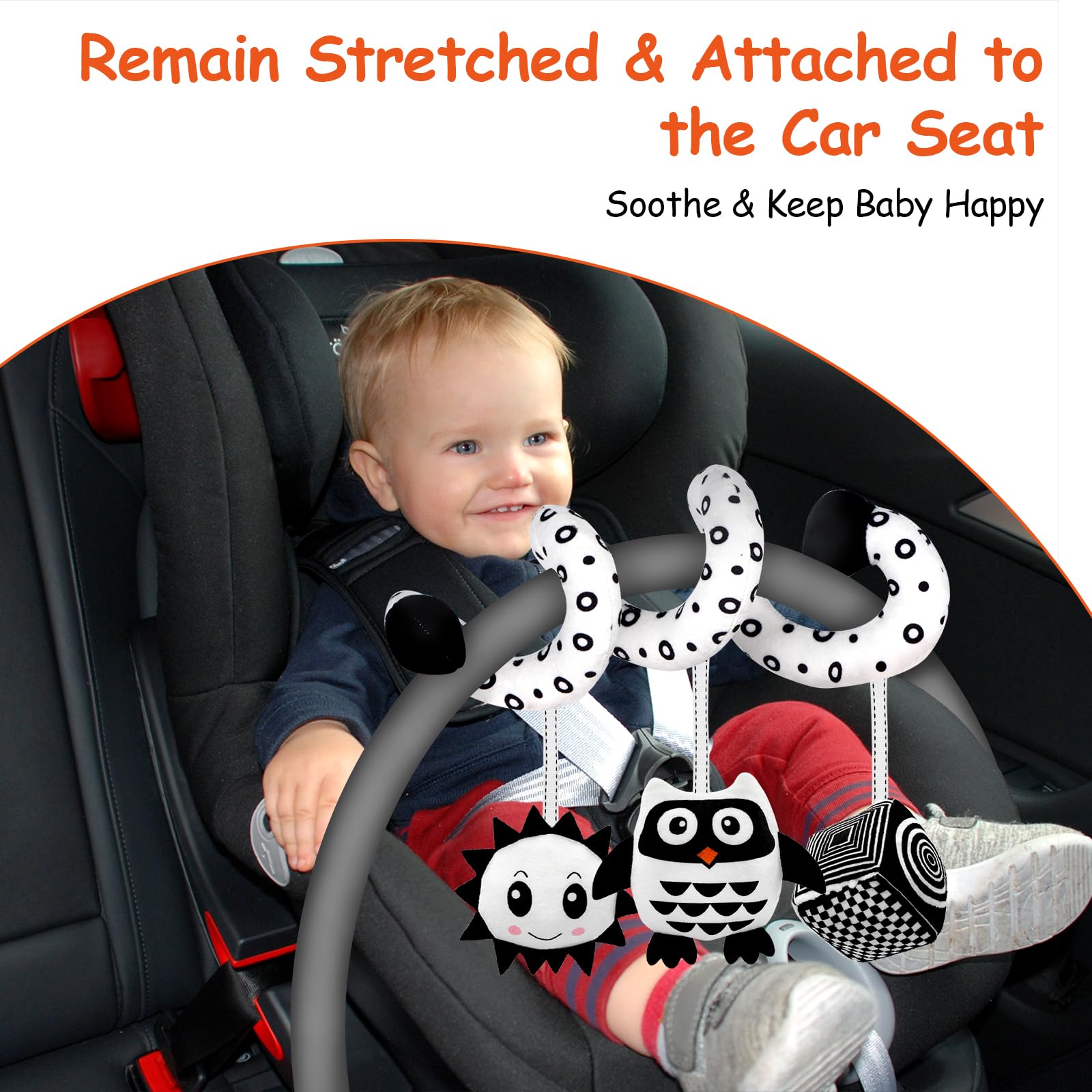 SAMMAS Baby Spiral Stroller Toy for 0-6 Months – Black & White Owl with Rattles and Squeaker