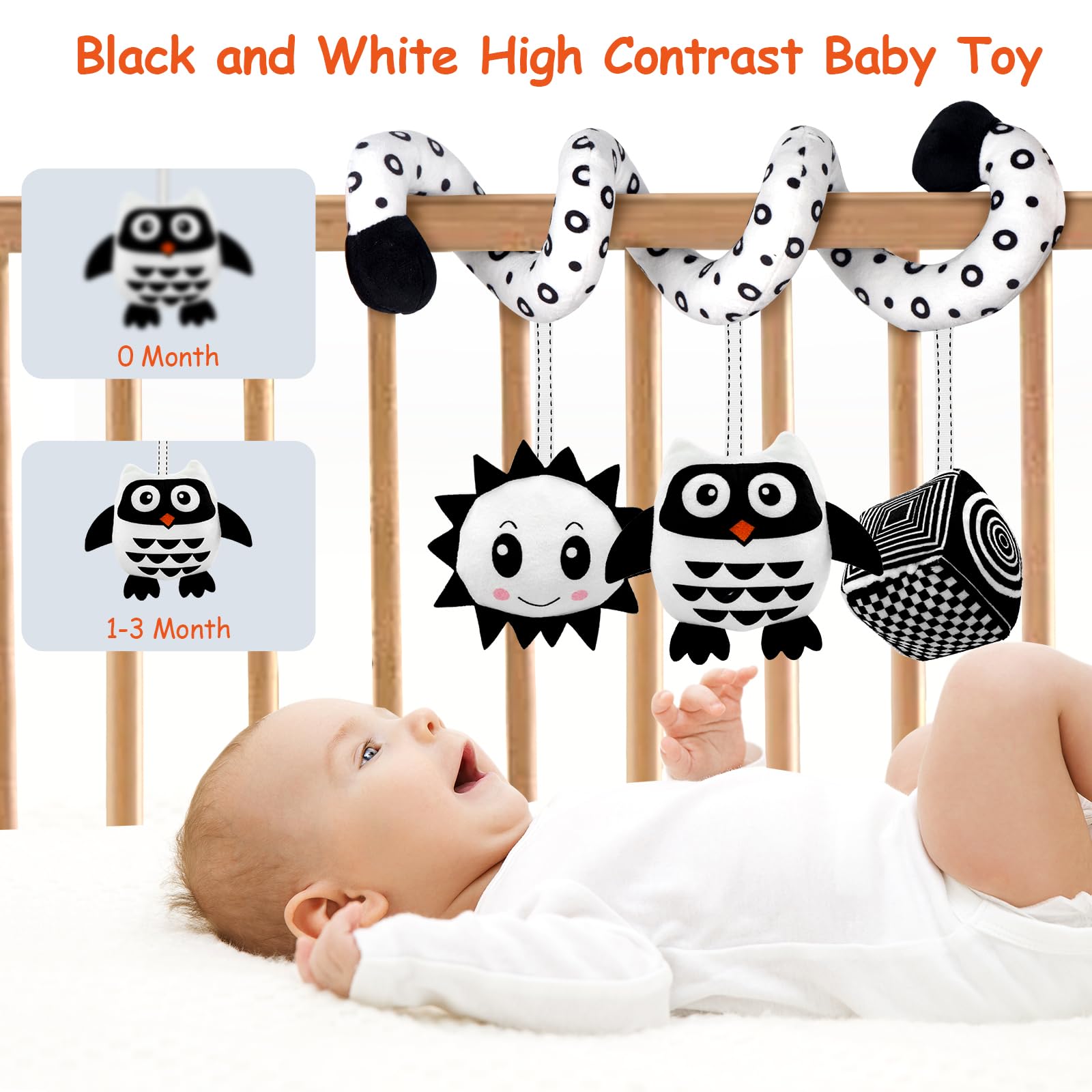 SAMMAS Baby Spiral Stroller Toy for 0-6 Months – Black & White Owl with Rattles and Squeaker