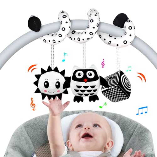 SAMMAS Baby Spiral Stroller Toy for 0-6 Months – Black & White Owl with Rattles and Squeaker