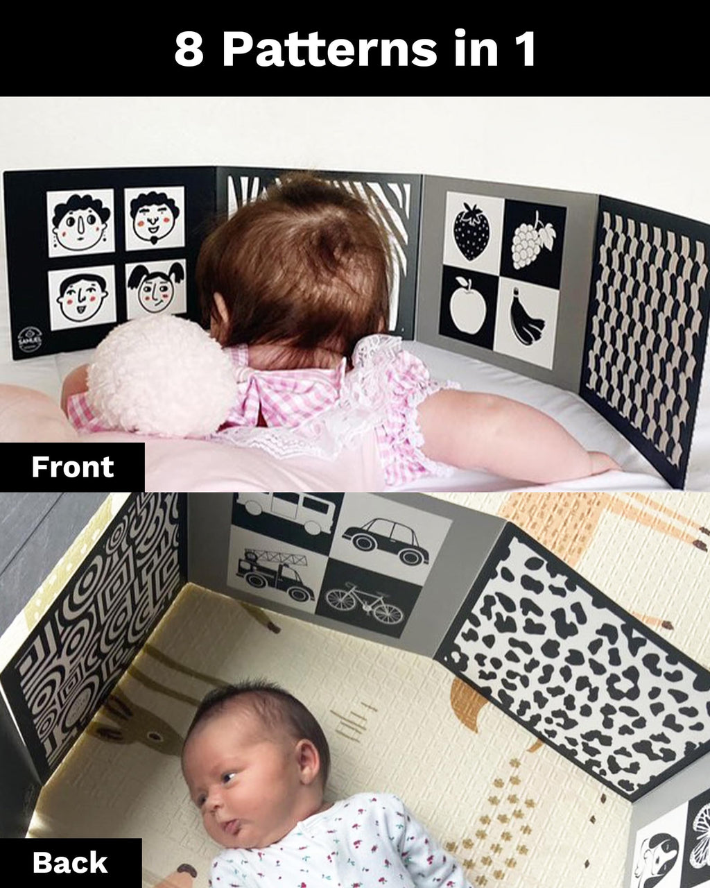 Samuel Sensory Supersized Black and White Board for Babies - 100cm Fold-Out High Contrast Tummy Time Cards with 8 Patterns