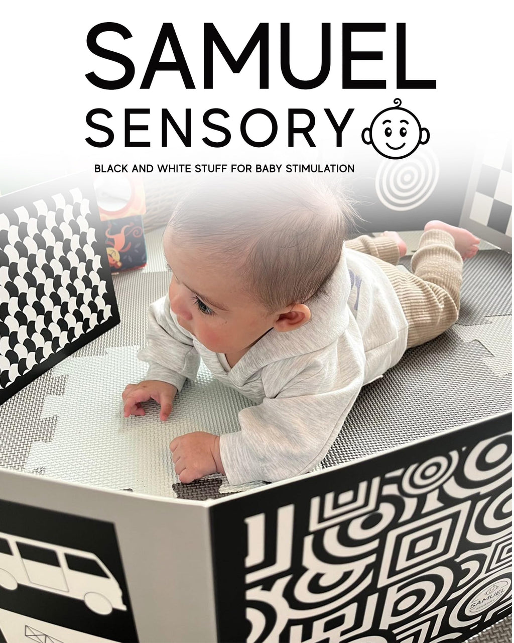 Samuel Sensory Supersized Black and White Board for Babies - 100cm Fold-Out High Contrast Tummy Time Cards with 8 Patterns