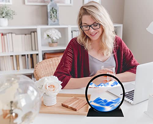 SANDCLE 7-Inch Blue Moving Sand Art Picture - Round Glass Desktop Relaxation Toy with 3D Deep Sea Effect