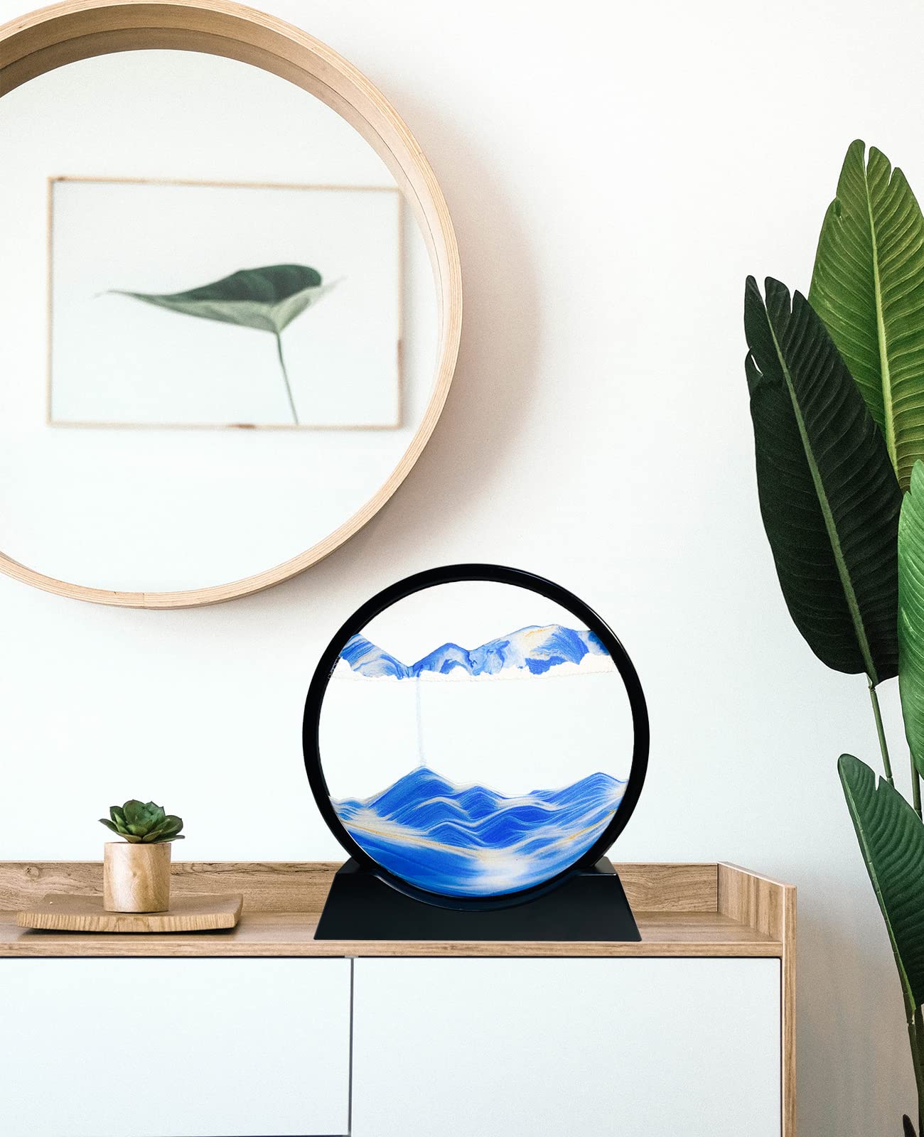 SANDCLE 7-Inch Blue Moving Sand Art Picture - Round Glass Desktop Relaxation Toy with 3D Deep Sea Effect