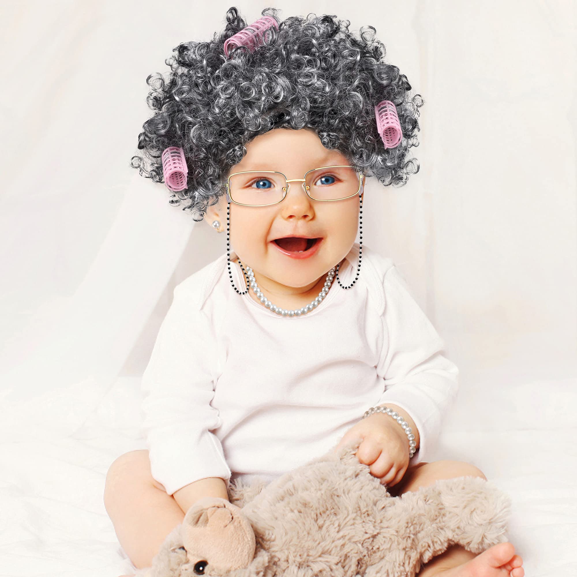 Sanfenly 14-Piece Grandma Costume Set: Granny Wig, Glasses, Faux Pearl Jewelry & Hair Rollers