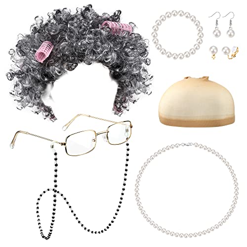 Sanfenly 14-Piece Grandma Costume Set: Granny Wig, Glasses, Faux Pearl Jewelry & Hair Rollers