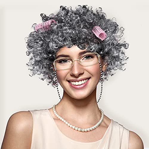 Sanfenly 14-Piece Grandma Costume Set: Granny Wig, Glasses, Faux Pearl Jewelry & Hair Rollers