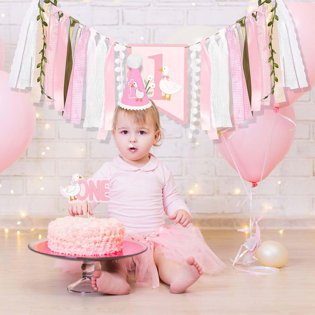 Sanixin Goose 1st Birthday Party Decoration Set – Highchair Banner, Hat & Cake Topper