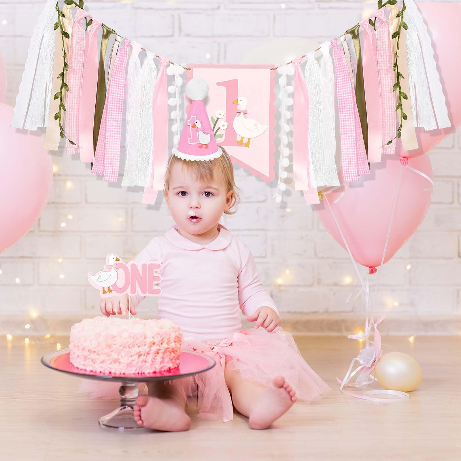 Sanixin Goose 1st Birthday Party Decoration Set – Highchair Banner, Hat & Cake Topper