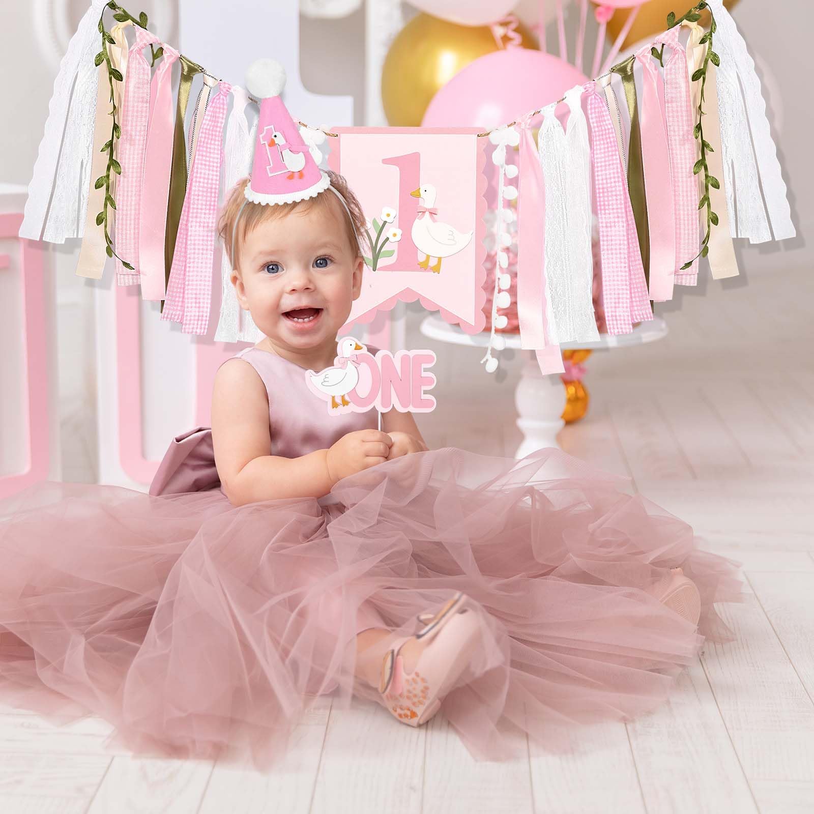 Sanixin Goose 1st Birthday Party Decoration Set – Highchair Banner, Hat & Cake Topper