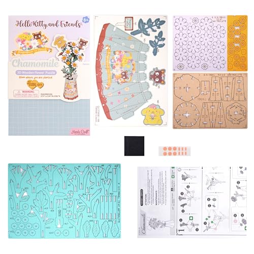Sanrio Pompompurin & Chococat Chamomile 3D Wooden Puzzle Kit – Hands Craft DIY Model Flower
