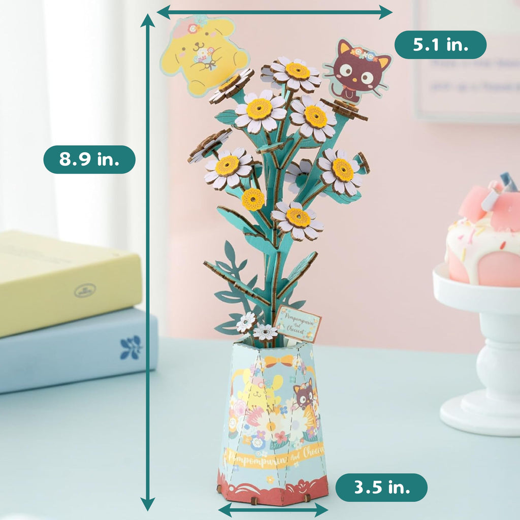 Sanrio Pompompurin & Chococat Chamomile 3D Wooden Puzzle Kit – Hands Craft DIY Model Flower
