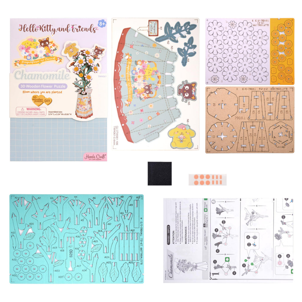 Sanrio Pompompurin & Chococat Chamomile 3D Wooden Puzzle Kit – Hands Craft DIY Model Flower
