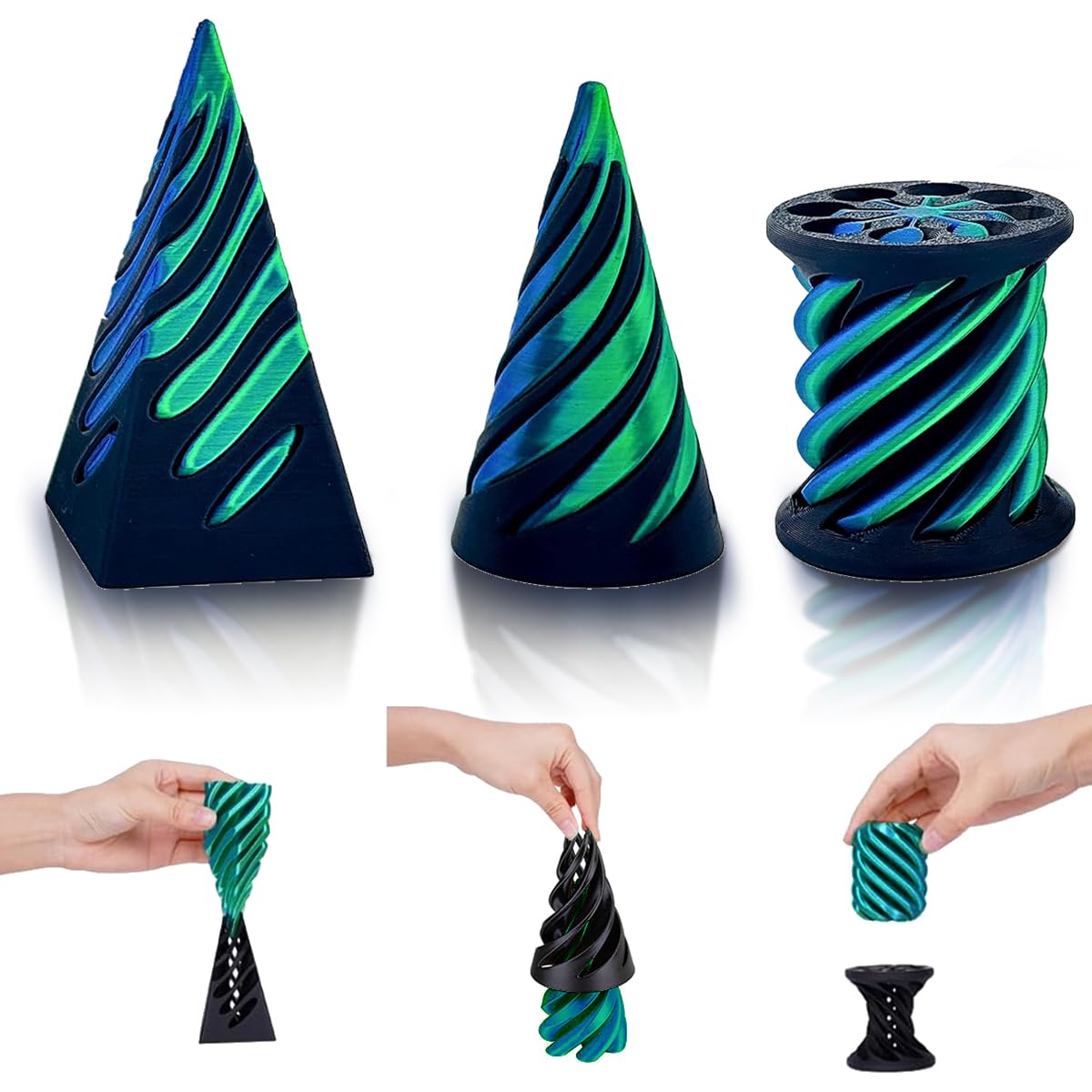 SANSGOUP Impossible Cone (3 Pack) – 3D Printed Spiral Cone Fidget Toy, Passthrough Sculpture, Laser Blue Green