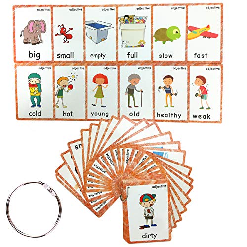 SANTSUN 47 Adjectives Flashcards for Toddlers – Mini Size, with Rings, for Pre-K & ESL