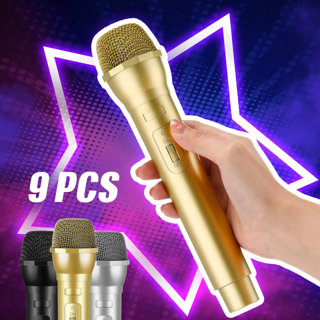 Sanwuta 3-Pack Fake Microphone Props - Gold, Silver, Black Plastic Stage Mics for Costume Parties, Karaoke, and Cosplay