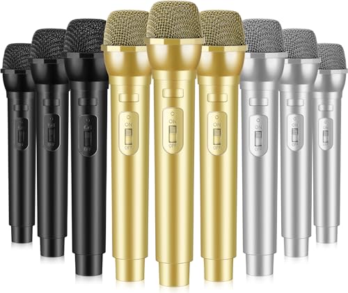 Sanwuta 3-Pack Fake Microphone Props - Gold, Silver, Black Plastic Stage Mics for Costume Parties, Karaoke, and Cosplay