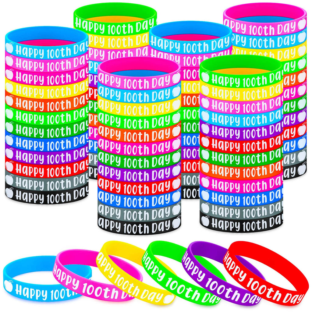 Sanwuta 72-Piece 100th Day of School Silicone Bracelets - 12 Colors, Bulk Pack for Classroom Party Favors