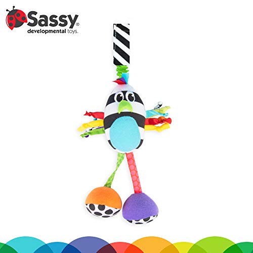 Sassy Boppin’ Birdie – High-Contrast Plush Toy with Chime and Strap for Newborns