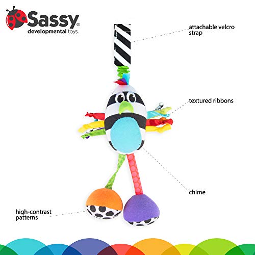 Sassy Boppin’ Birdie – High-Contrast Plush Toy with Chime and Strap for Newborns