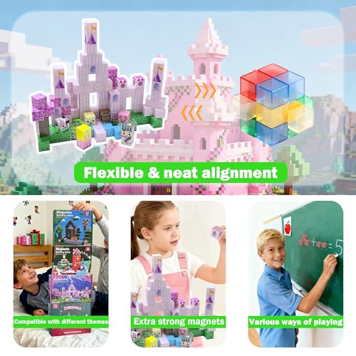 Satlasave Magnetic Blocks 100-Piece Set - Pink Castle STEM Building Toy for Kids Ages 3+