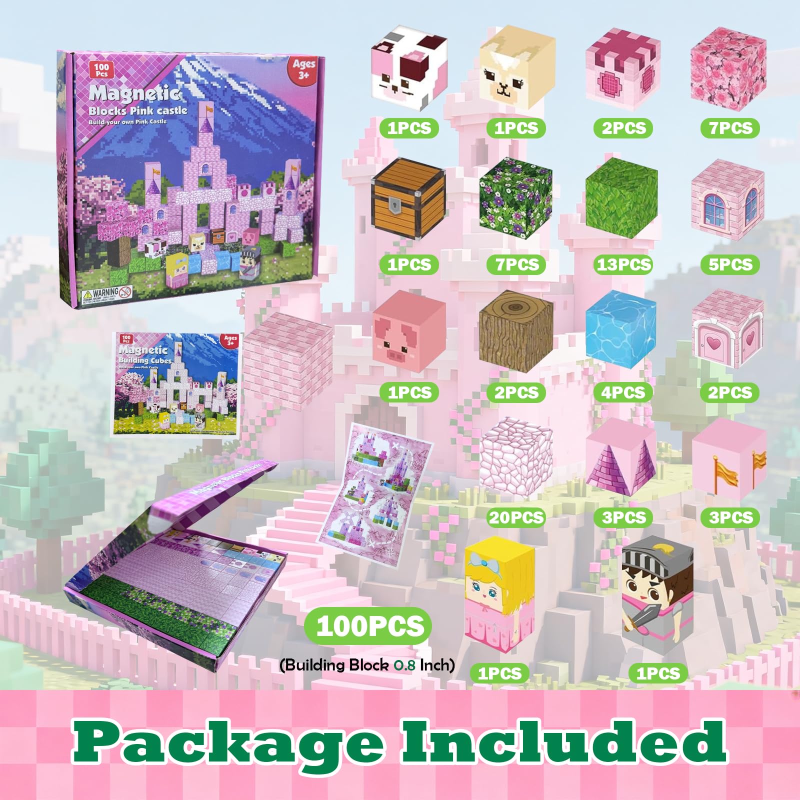 Satlasave Magnetic Blocks 100-Piece Set - Pink Castle STEM Building Toy for Kids Ages 3+