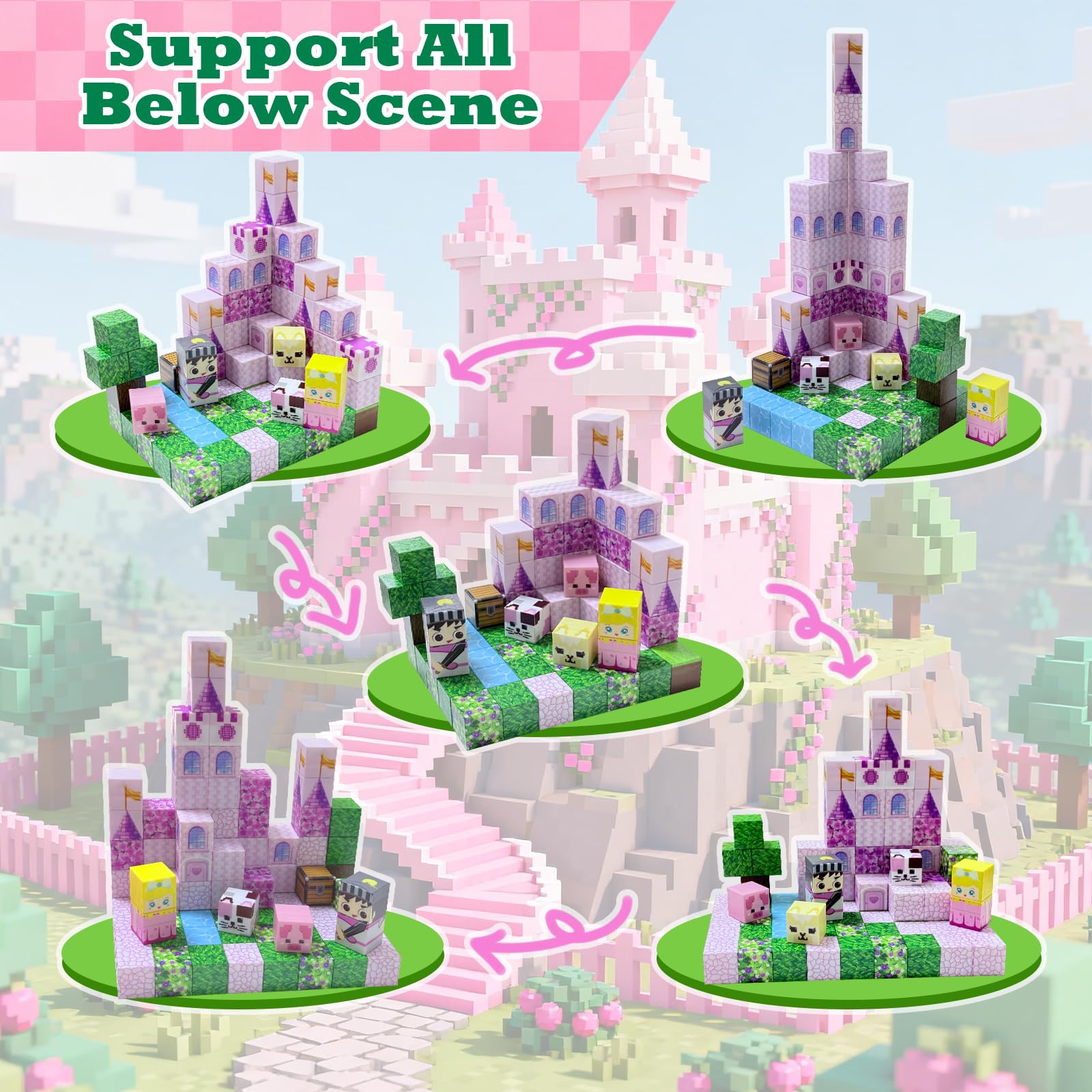 Satlasave Magnetic Blocks 100-Piece Set - Pink Castle STEM Building Toy for Kids Ages 3+