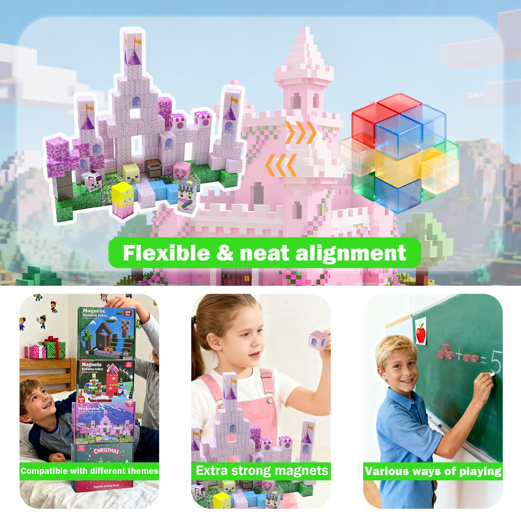 Satlasave Magnetic Blocks 100-Piece Set - Pink Castle STEM Building Toy for Kids Ages 3+