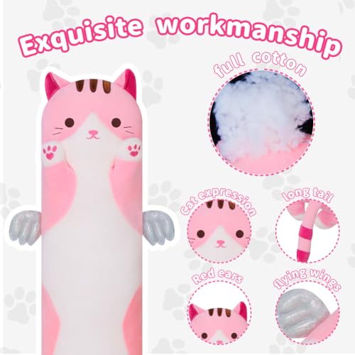 Sausudols 27.6-Inch Pink Long Cat Body Pillow - Soft Plush Stuffed Animal for Kids