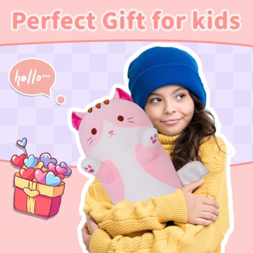 Sausudols 27.6-Inch Pink Long Cat Body Pillow - Soft Plush Stuffed Animal for Kids