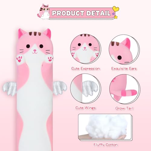 Sausudols 27.6-Inch Pink Long Cat Body Pillow - Soft Plush Stuffed Animal for Kids