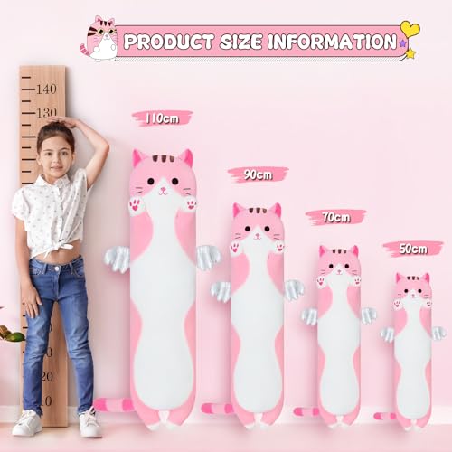 Sausudols 27.6-Inch Pink Long Cat Body Pillow - Soft Plush Stuffed Animal for Kids