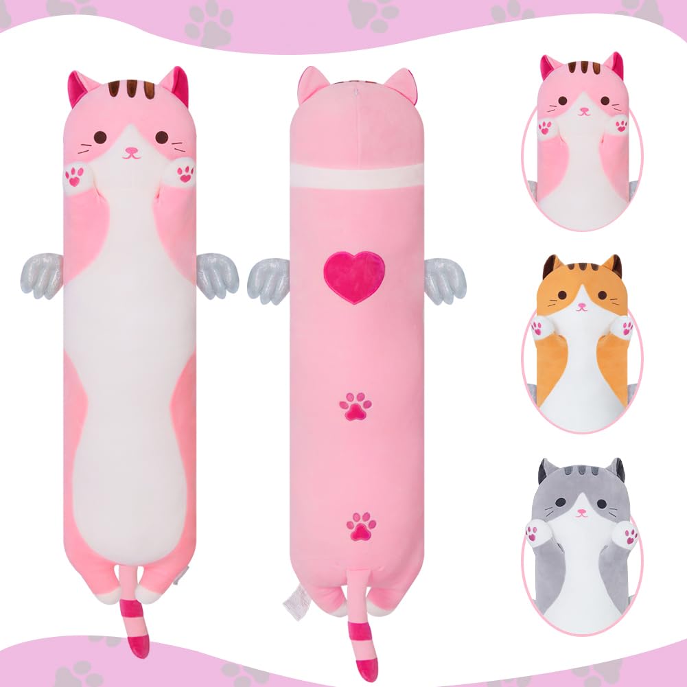 Sausudols 27.6-Inch Pink Long Cat Body Pillow - Soft Plush Stuffed Animal for Kids