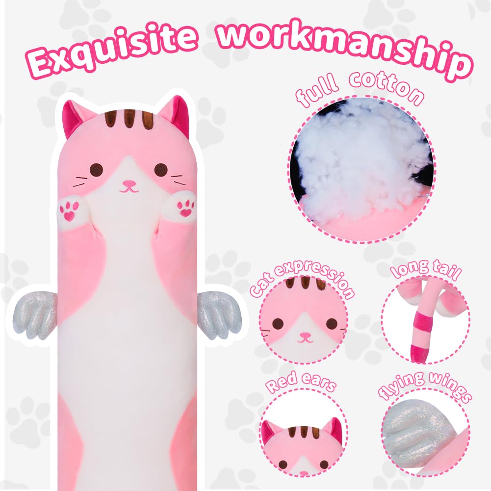 Sausudols 27.6-Inch Pink Long Cat Body Pillow - Soft Plush Stuffed Animal for Kids