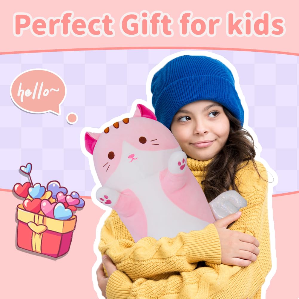 Sausudols 27.6-Inch Pink Long Cat Body Pillow - Soft Plush Stuffed Animal for Kids