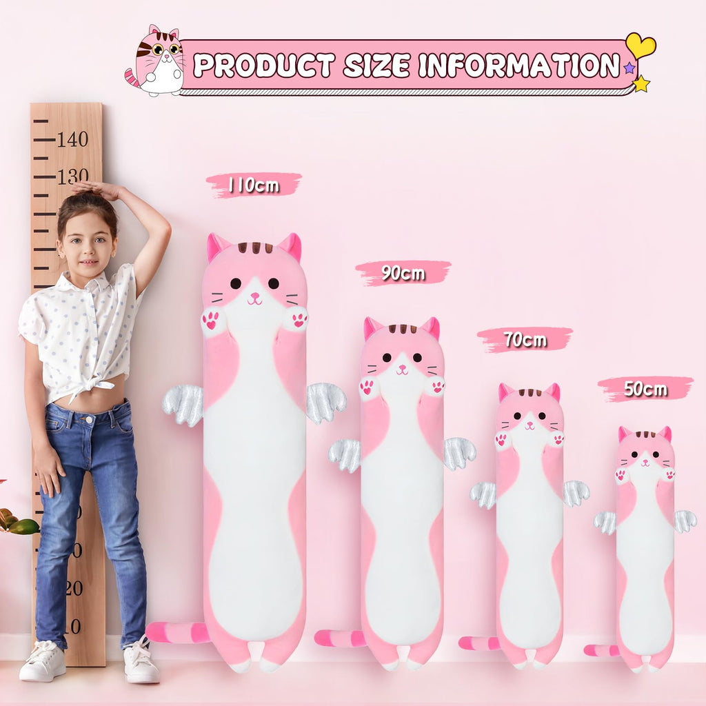 Sausudols 27.6-Inch Pink Long Cat Body Pillow - Soft Plush Stuffed Animal for Kids